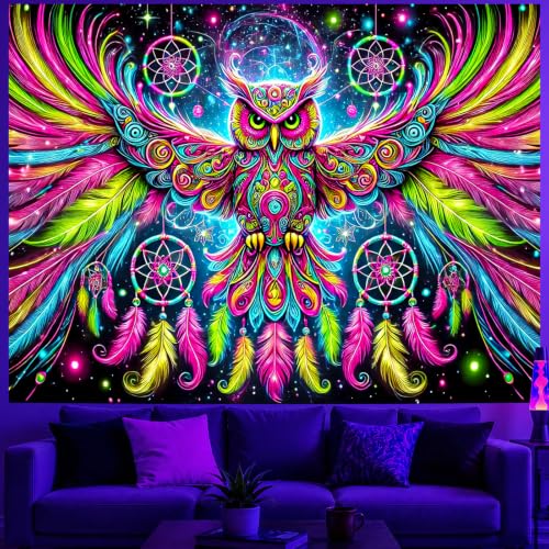 Image of BlissYard Owl Tapestry Blacklight Tapestry 79x59 Inch Trippy Wall Hanging | Trippy Decration with Uv Reactive Colors for Bedroom Dorm and Party Walls