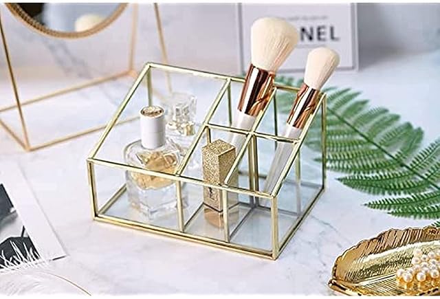 PuTwo Makeup Organizer Vintage 5 Compartments Glass & Metal Cosmetic Organizer Brass Makeup Storage for Makeup Brushes Perfume Lipsticks Nail Polish Makeup Holder for Dresser Vanity Countertop - Gold