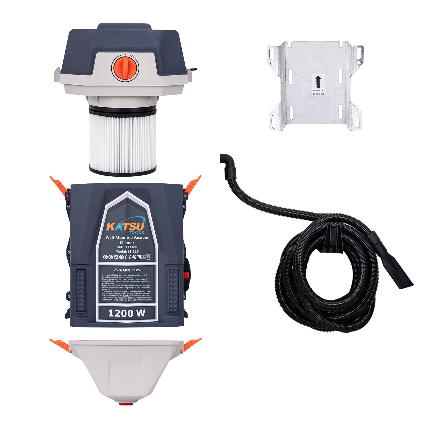 KATSU Tools Wandmontierter Garagenstaubsauger 25 Liter 1200W, Staubabsaugung und Gebläse für Auto und Werkstatt mit 10m Schlauch 171180