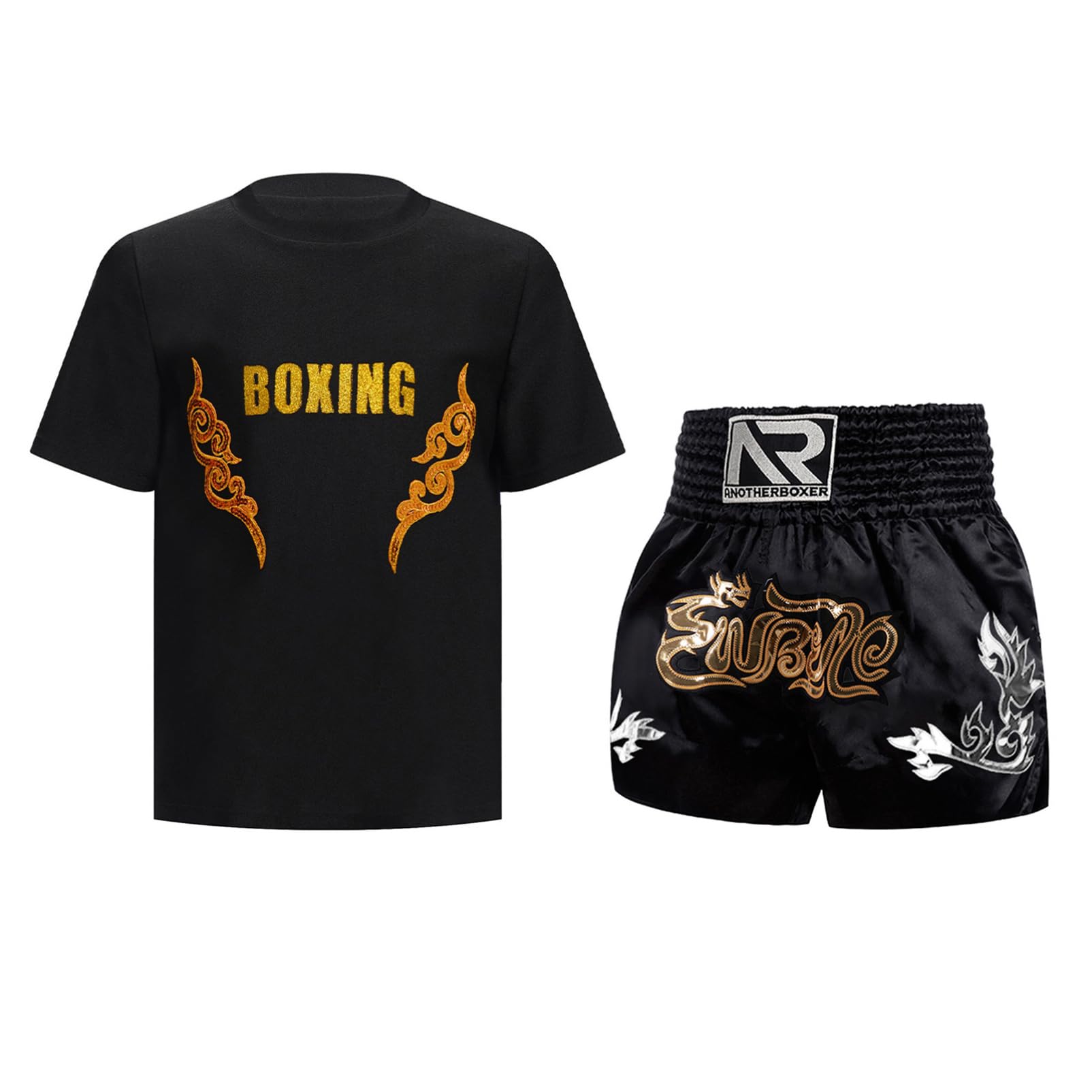 Alvivi Dziecięcy dres treningowy MMA, spodenki bokserskie + koszulka do sportów walki, kickboxingu, Muay Thai, zestaw odzieży bokserskiej