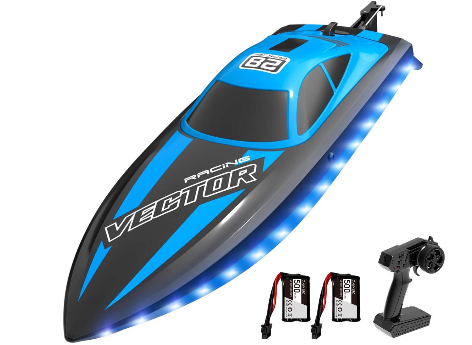 volantexrc RC Boot, 2,4 GHz ferngesteuertes Boot mit LED-Lichtern, 20+ Minuten Spielzeit, Wasserdicht, Ideales Wasser-Spielzeug für Pool & Seen, Geschenk für Jungen ab 14 Jahren (Blau)