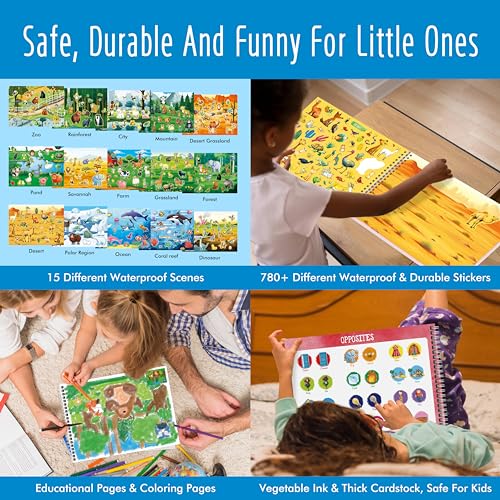 Animal Habitat Sticker Book, 780+ Stickers & 15 Animal Habitat Scenes, Side by Side Activity Book Funny Sticker Books Educational Game- Great for Toddlers, Kids, Boys & Girls