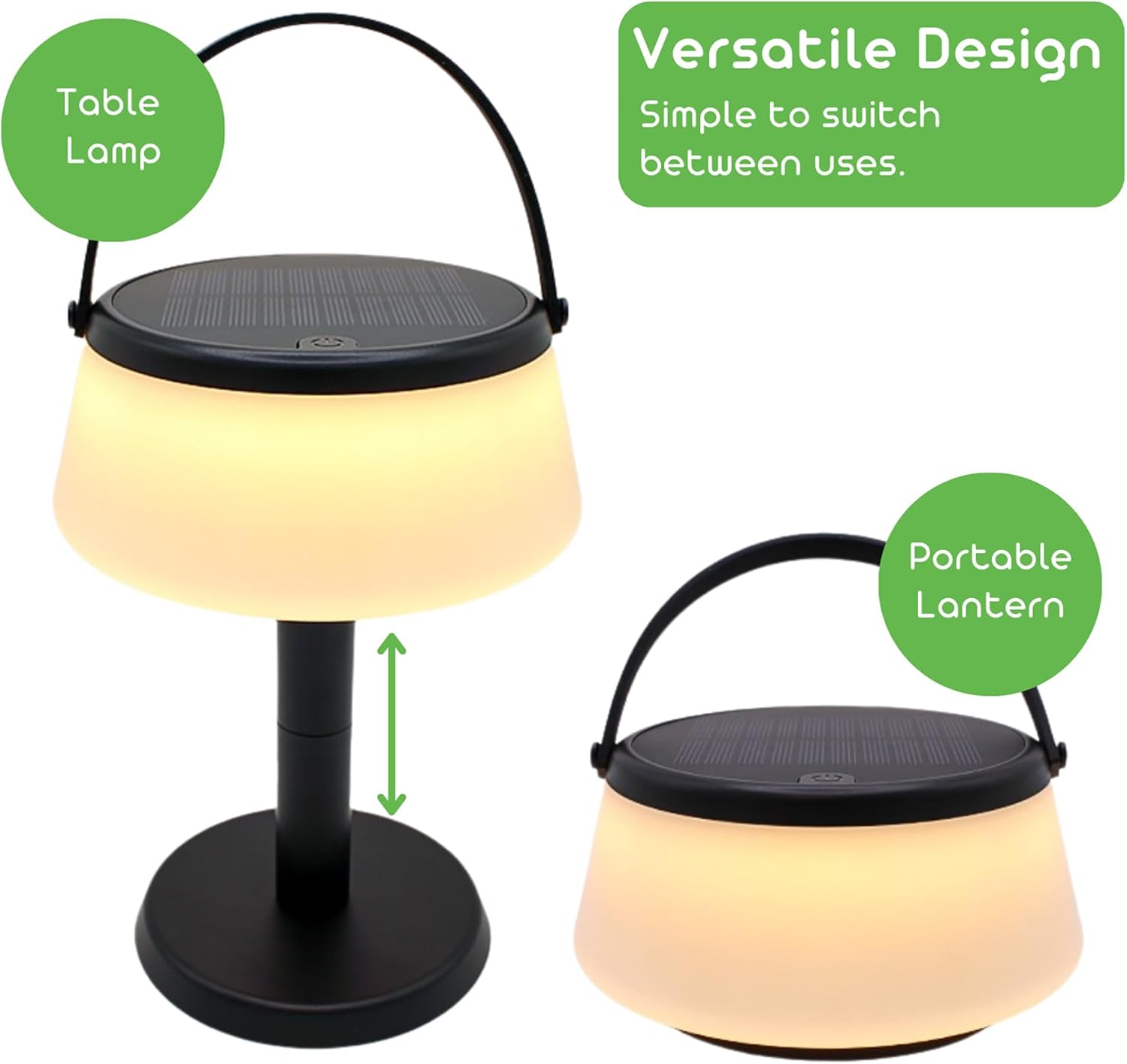 2-in-1 Portable Solar Power LED Table Lamp & Lantern - Indoor/Outdoor - Stepless Dimming - Rechargeable Battery - 330 lumens, 2700K - IP44 Weather Resistant - Black - 1 Pack