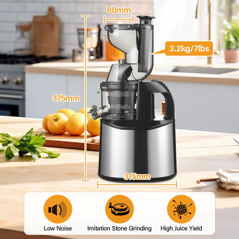 YUEWO Extracteur De Jus 80mm Machine A Jus De Fruit Extracteur Entiers Avec Mastication Inversée Rendement À Jus Élevé Facile À Nettoyer Bruit Bas