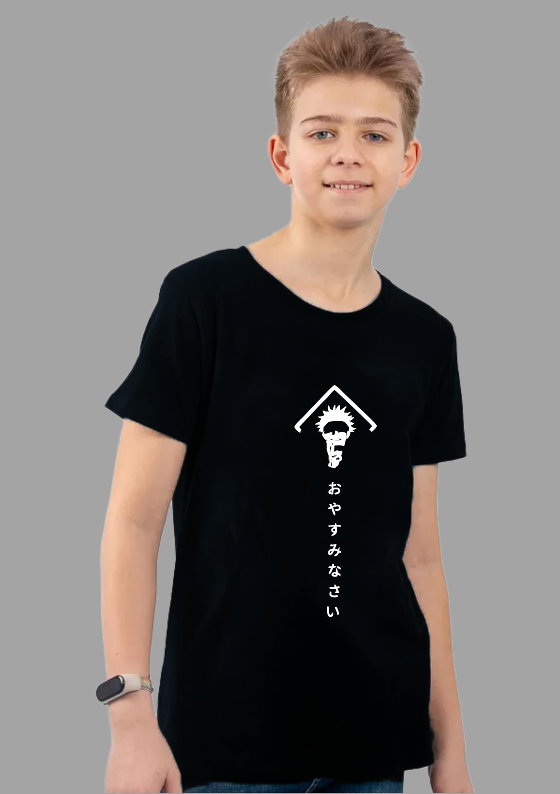 Uniplanet Store T-shirt nera da ragazzo in misto cotone mezza manica vestibilità regolare retro anime jujutsu stampata