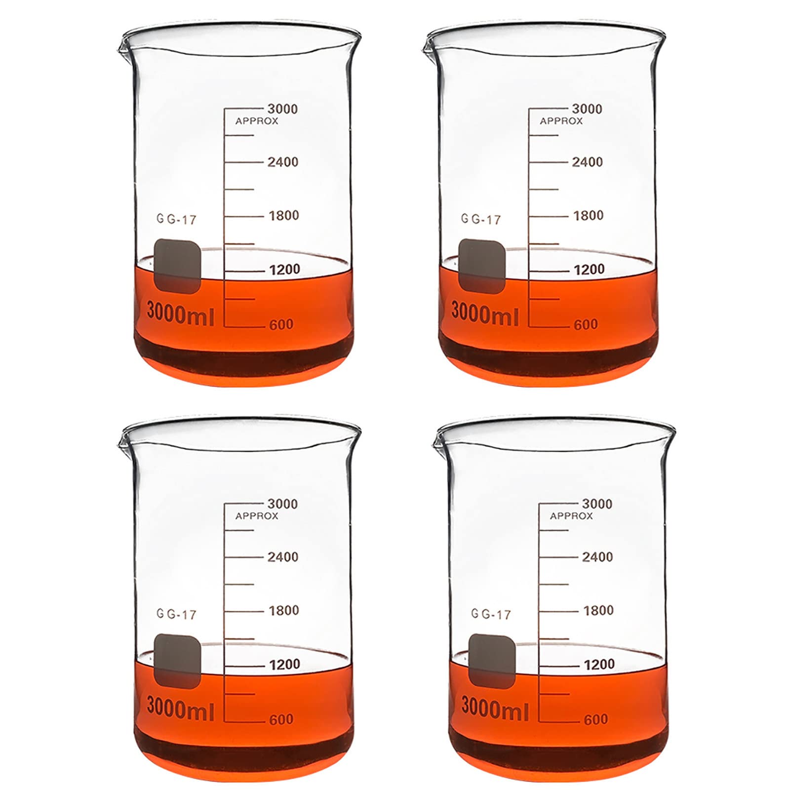 4 Vasos de precipitados de Vidrio, (1000 ml, 2000 ml, 3000 ml), Vaso de Laboratorio de borosilicato Transparente, Vasos de medición de Vidrio de Forma Baja con graduación y Pico, reutilizab