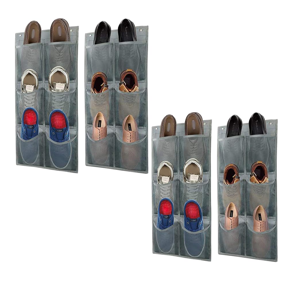 QUMENEY Storage Organizer with Hook Hang Foldable Hanging Storage Organizer Large Fabric Deep Pockets Shoe Rack for Closet and Narrow Door Organizer Shoe Holder Hanger (Grey) (4)