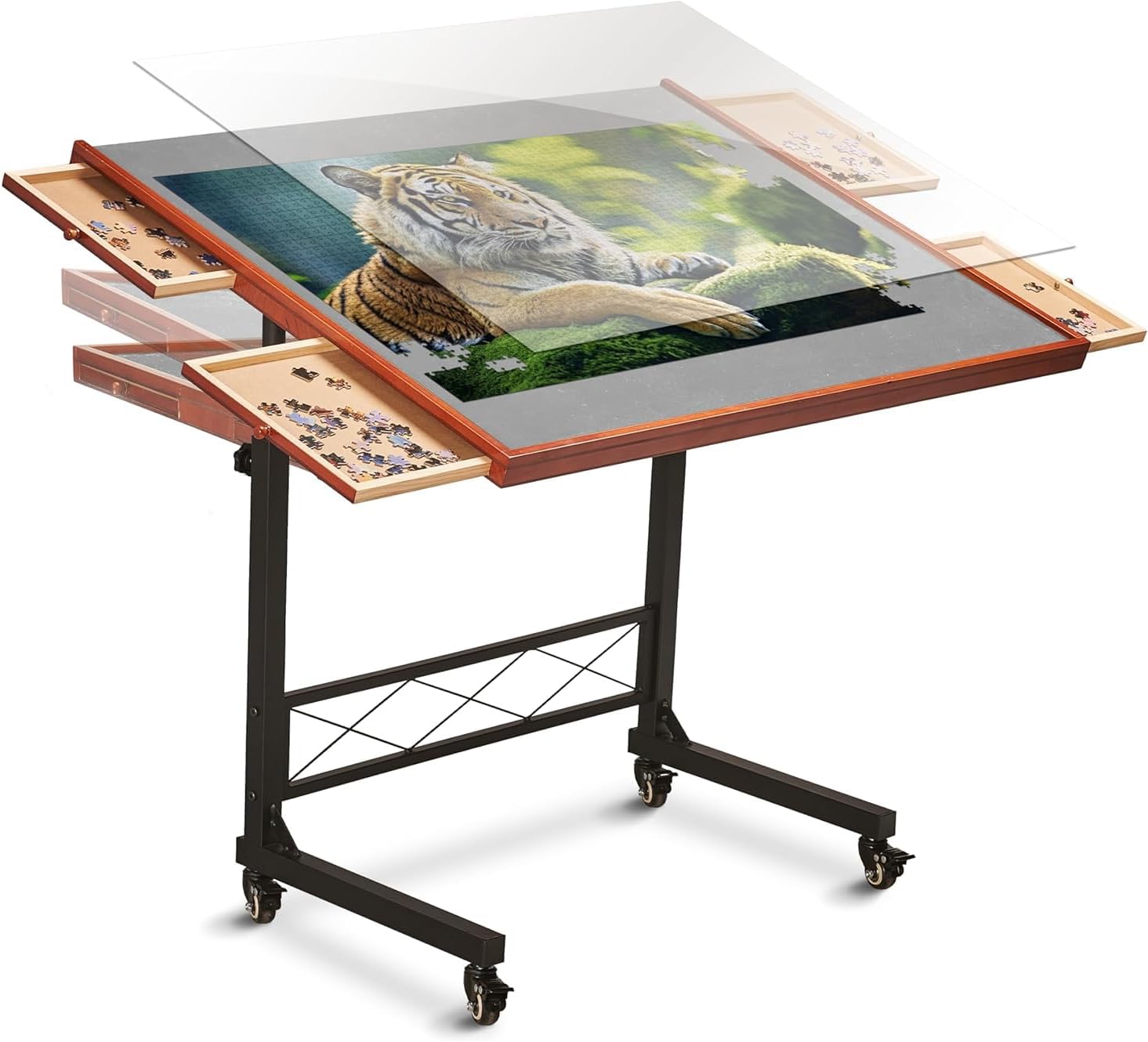 - JoyBerri Puzzle Station โ 1500 Piece Jigsaw Puzzle Table with Drawers & Adjustable Legs, Portable & Height Adjustable for All Ages, Includes Station Cover & Bonus 1000 Piece Puzzle