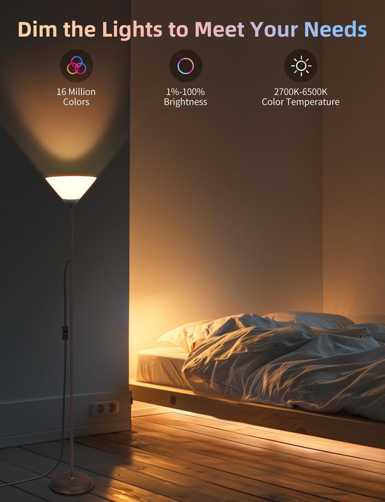 Aigostar Lámpara de Pie Moderna, con Mando a Distancia y Bluetooth Mesh G45 E27 Bombilla LED RGB & 2700K-6500K, Lámpara de Pie Regulable, Compatible con Alexa, 175 cm