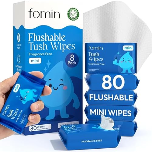 Fomin Mini Flushable Tush Wipes 8 Pack (10 Count) - Fragrance Free Travel Wet Wipes for Women - pH Balanced, Biodegradable Cleansing Wipes - Hypoallergenic, Plant-Based Tush wipes for Adults and Kids