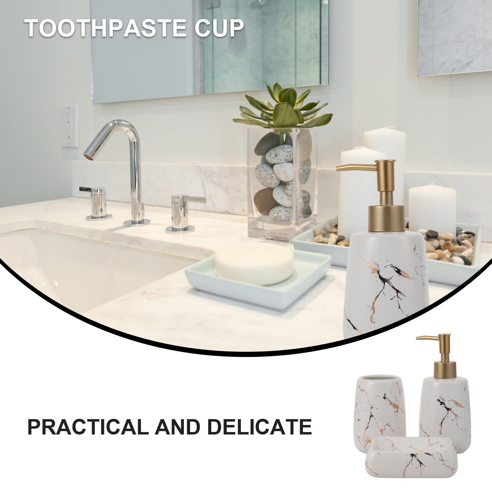 Set di 3 Accessori Bagno in Marmo Lucido Bianco, Contenitore Sapone, Portaspazzolino e Flacone Lozione, Compatto e Portatile per Organizzazione Lavabo e Igiene Quotidiana