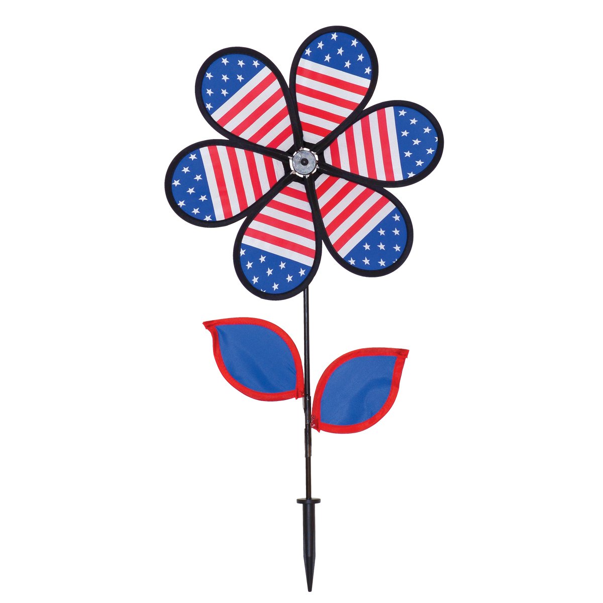 In the Breeze 12 Inch Patriotic Flower with Matching Leaves - Includes Ground Stake - Bright Red, White and Blue Wind Spinner for your Yard and Garden