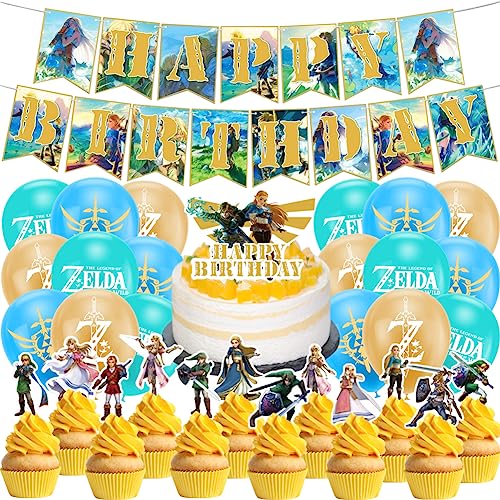 Zel-da Birthday Party Decoration, 32 Pcs Zel-da Theme Party Decorations Set, Includes Happy Birthday Banner Cake Toppers Balloons for Kids Birthday Baby Shower Party(A)
