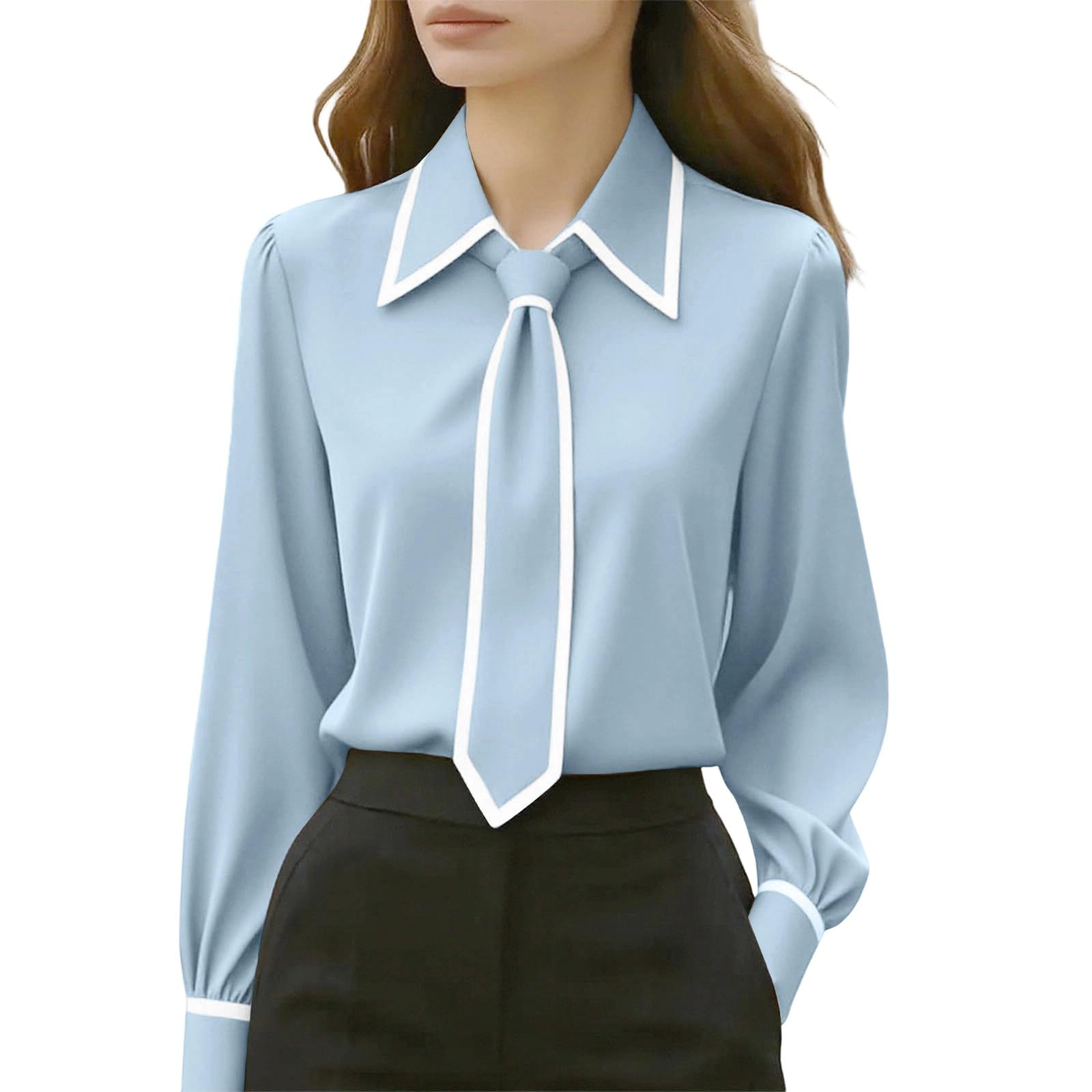HGps8w Womens Bow Tie Neck Office Shirts Dressy Long Sleeve Loose Elegant Ladies Business Casual Blouse Tops