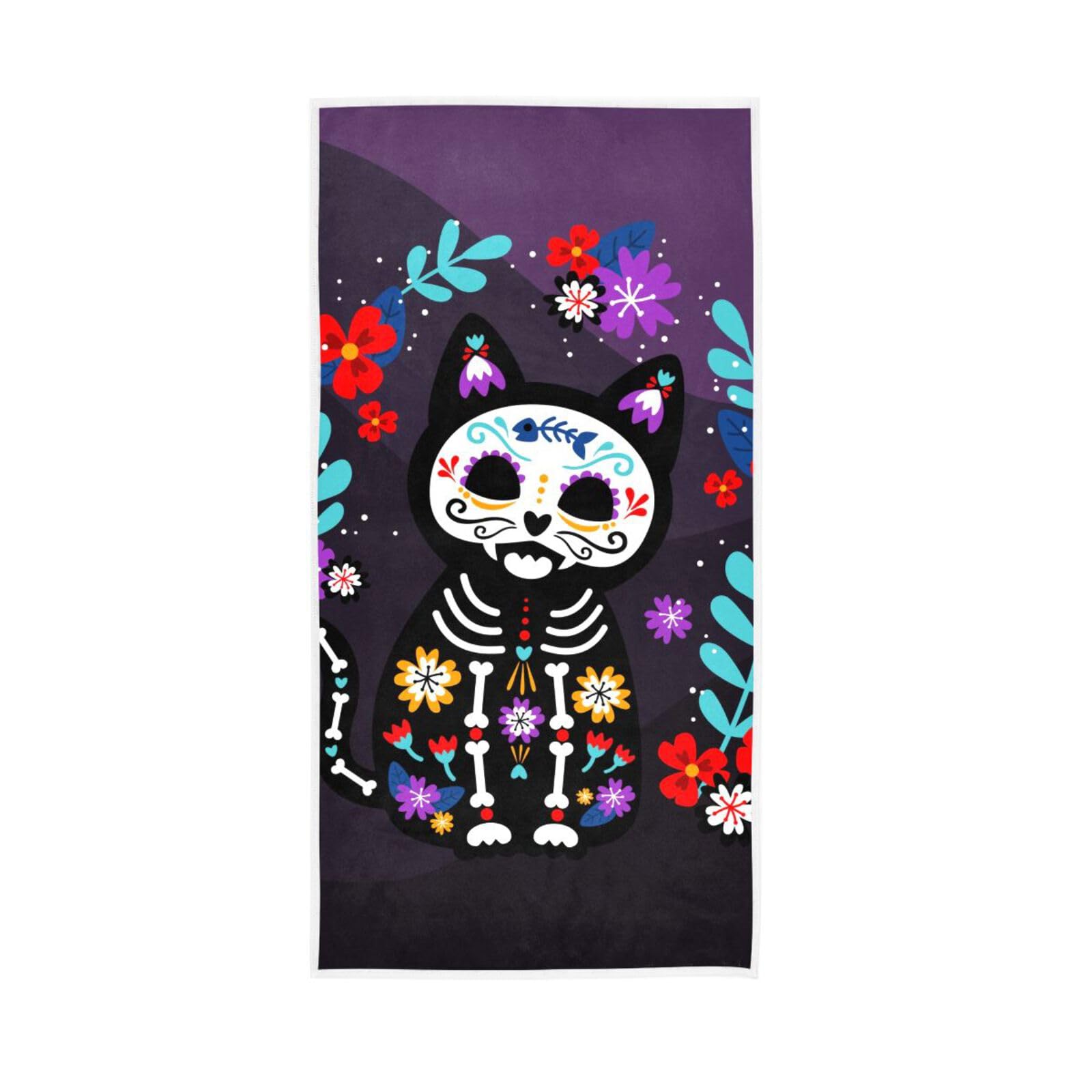 LSRCPD Cat Sugar Skull Towles, 15 x 30 Inches, Spa Hand Towels Luxury Hand Towels