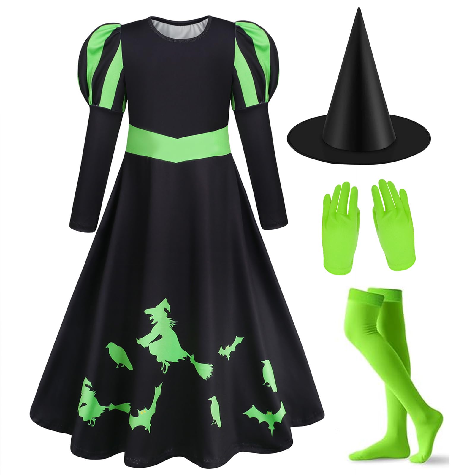 Marendyee Witch Costume Kids Christmas Fancy Dress Up for Girls with Witches Hat Green Gloves Set World Book Day Costumes Cosplay Puff Sleeves Swing Dresses Outfit 9-10 Years