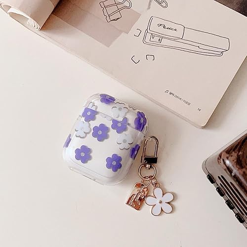 Miniatura 9 de MINSCOSE Funda transparente compatible con AirPods 12, bonito diseño de flores de dibujos animados con llavero floral, funda protectora de TPU suave