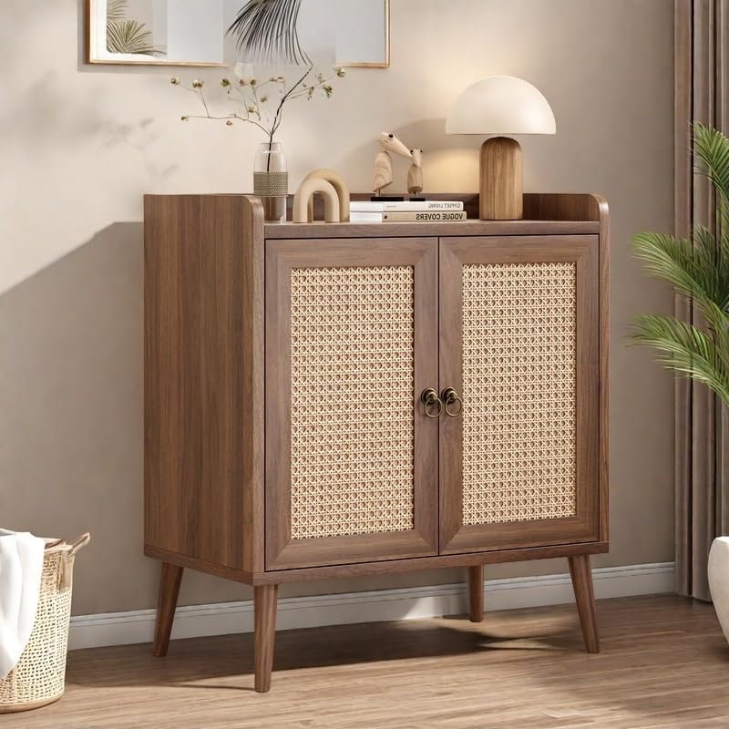 FONTOI Buffet Cabinet, Rattan Storage Cabinet with Round Pull Rings, Sideboard with Ample Storage, Bar Liquor Shelf with 2 Doors for Living Room,