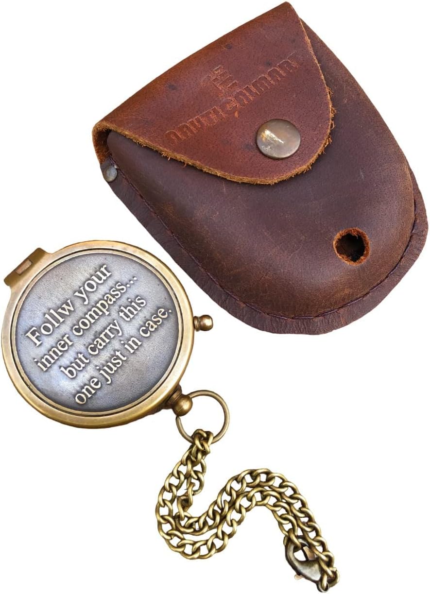 Brass Compass Follow Your Inner Compass Quote Engraved with Leather Case for Camping, Hiking, Touring