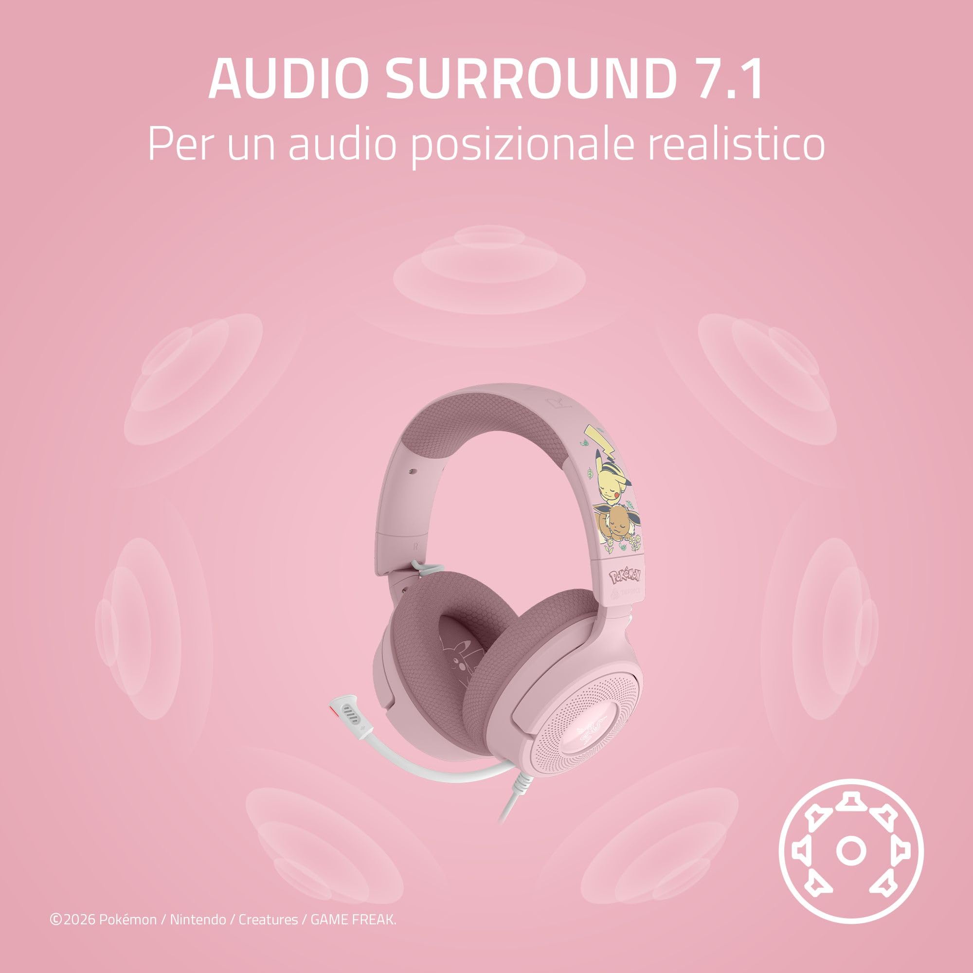 Razer Kraken V4 X Pokémon Pikachu & Eevee - Cuffie da gioco con cavo USB - Driver TriForce da 40 mm - Microfono cardioide retrattile - Audio surround - Chroma RGB