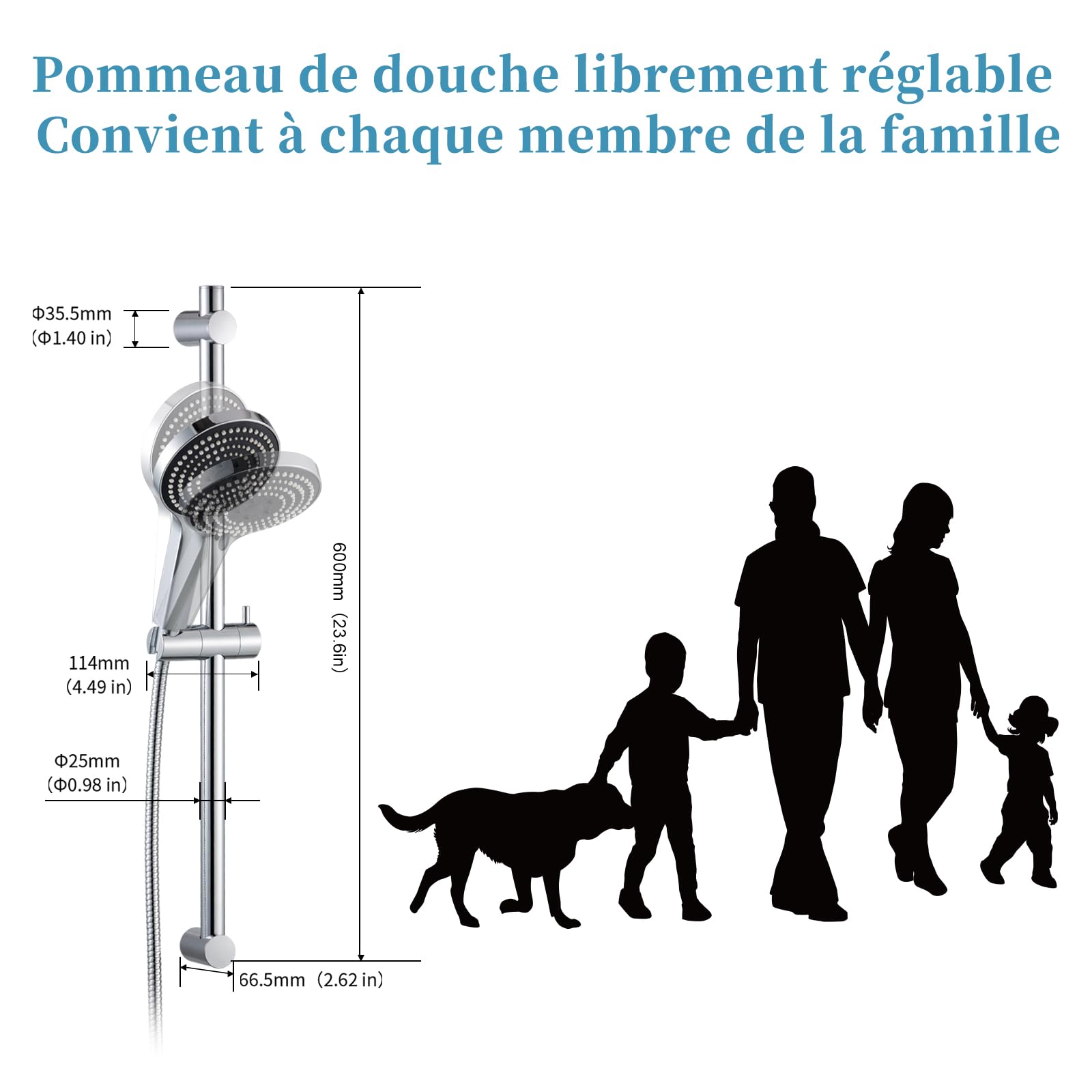 OFFO Asta per doccia con 6 tipi di getto, tubo in acciaio inox 1,6 m, tubo montante regolabile da 60 cm e doccetta cromata