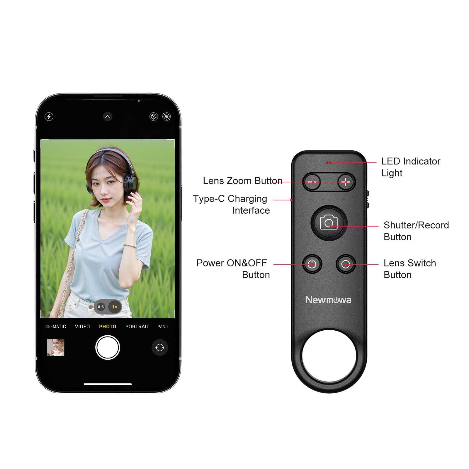 Newmowa Télécommande sans fil Bluetooth pour prise de vue vidéo/zoom/changement d'objectif sur iPhone, télécommande rechargeable pour selfies vlogs, compatible avec iPhone(iOS 15 Above,NOT for iOS 26)