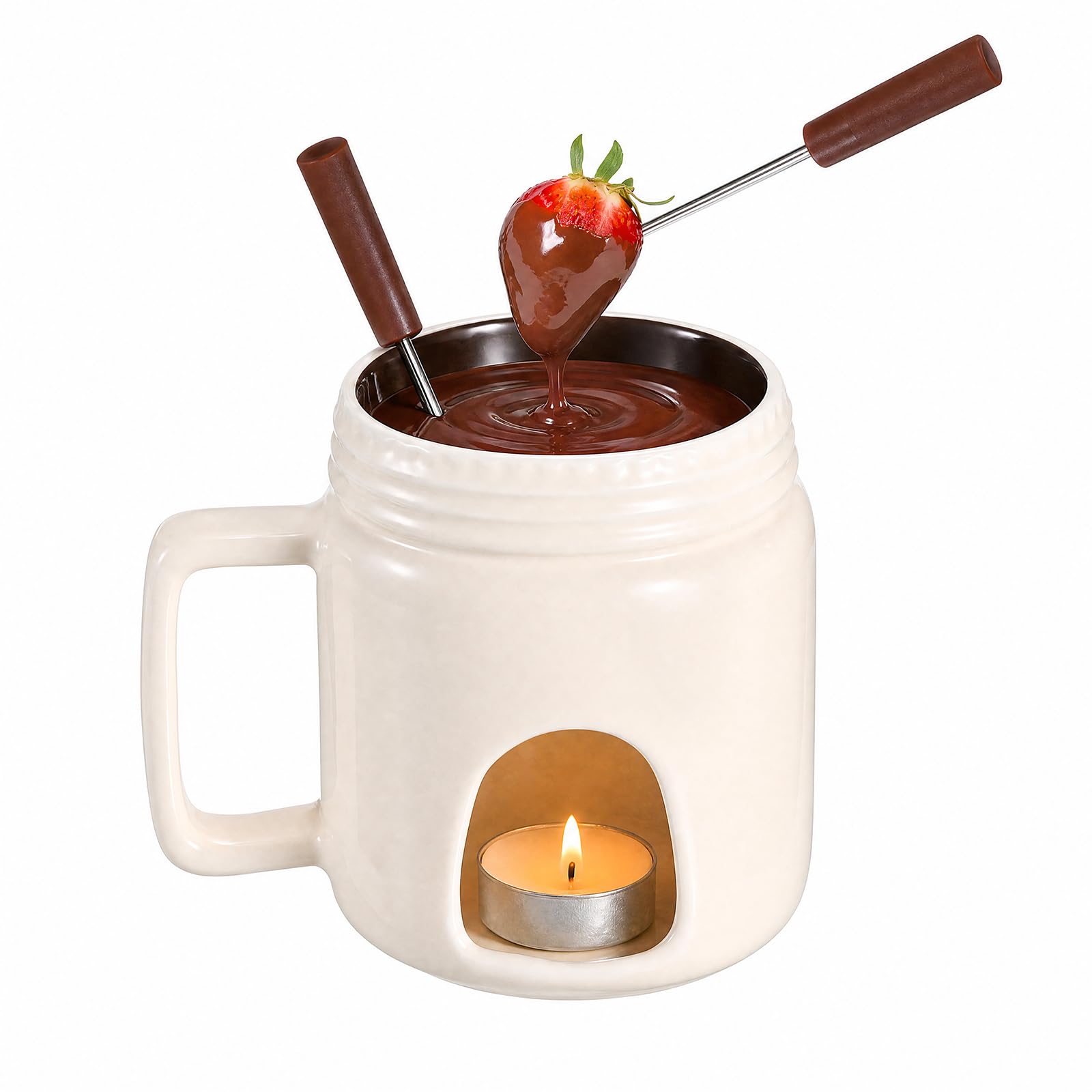 BSTKEY Ceramic 200ml Cheese Fondue Pot Butter Warmer Set with 2 Fork, White