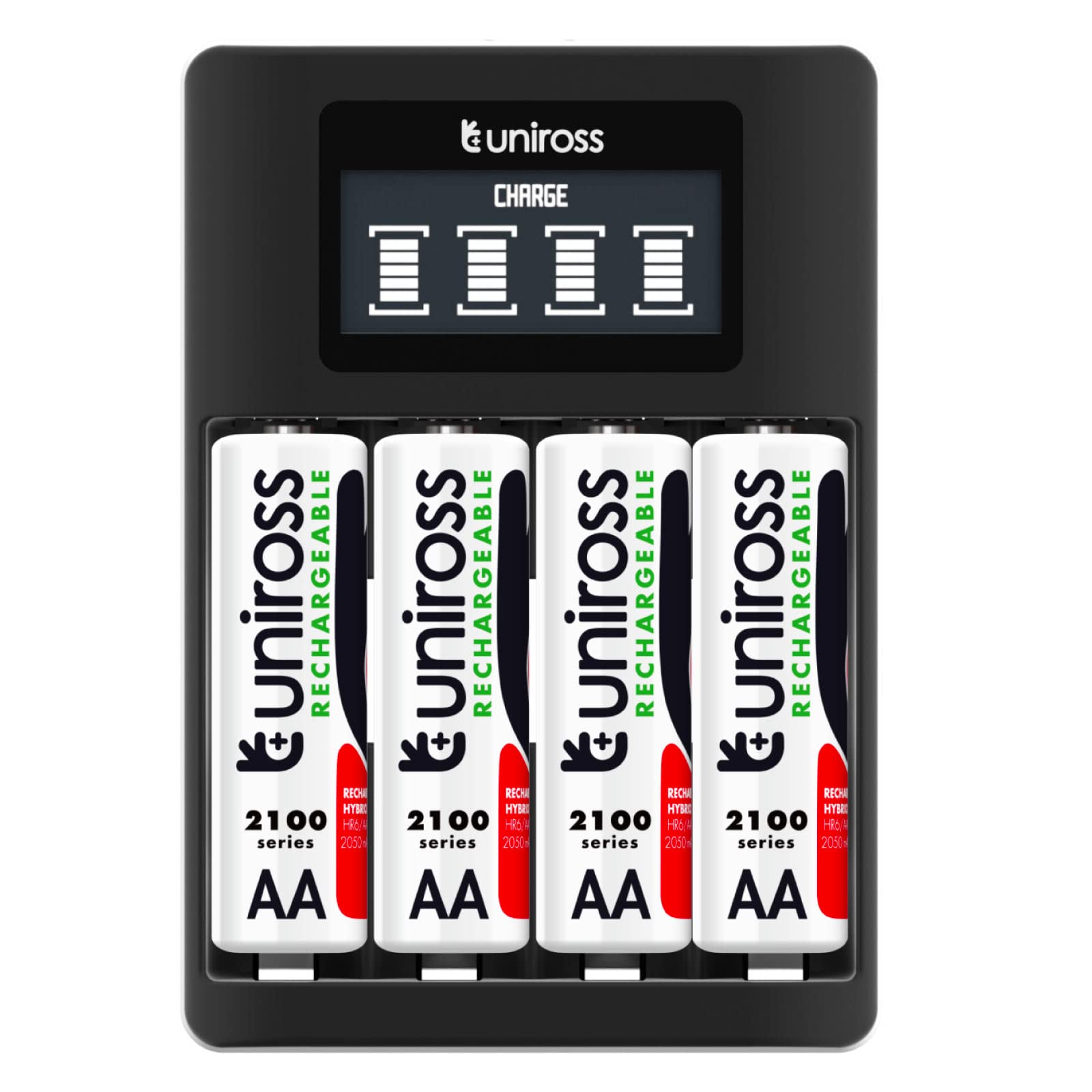 Uniross Chargeur rapide AA/AAA avec 4 batteries rechargeables Hybrio Stilo AA 1,2 V 2 000 mAh + 4 batteries rechargeables Hybrio Ministilo AAA 1,2 V 900 mAh