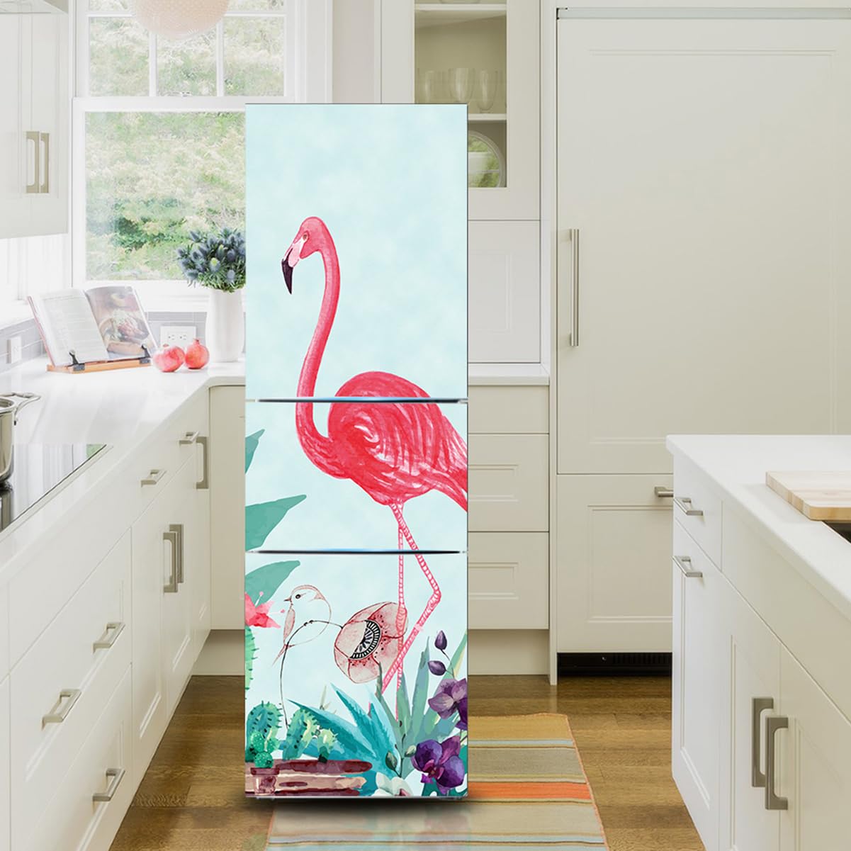 Fridge Sticker, Fridge Sticker Full Covering Door Covers Decor, Freezer Skins Wall Stickers for Kitchen Decal, Flamingo Cactus Bird(S: 60x150 cm)