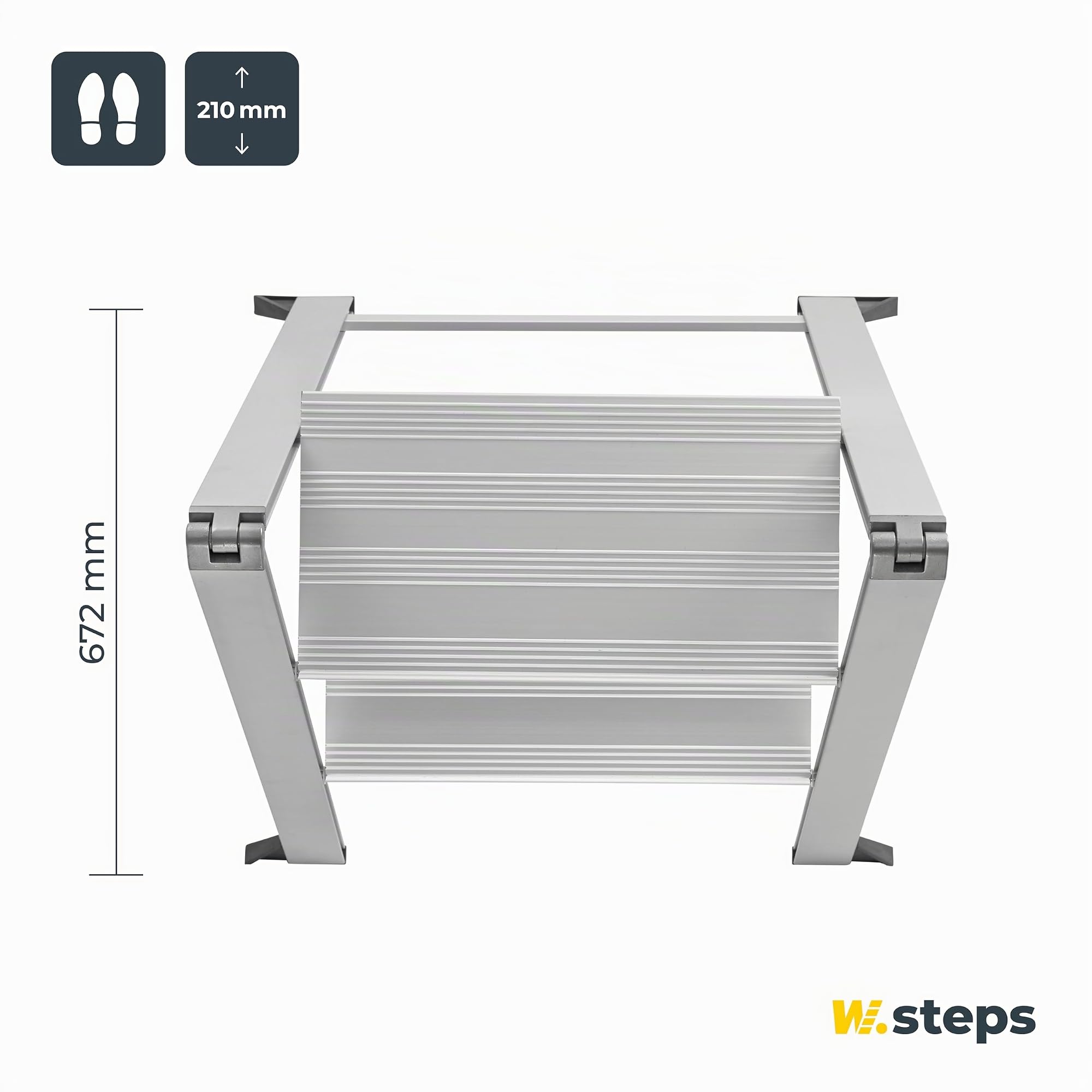 Alu Trittleiter Vikingstep Maxi von W.Steps I 720mm hoch I Belastbar bis 150kg I Kompakte Aluminium Klapptrittleiter mit 2 Stufen I Nur 35mm breit I 728143