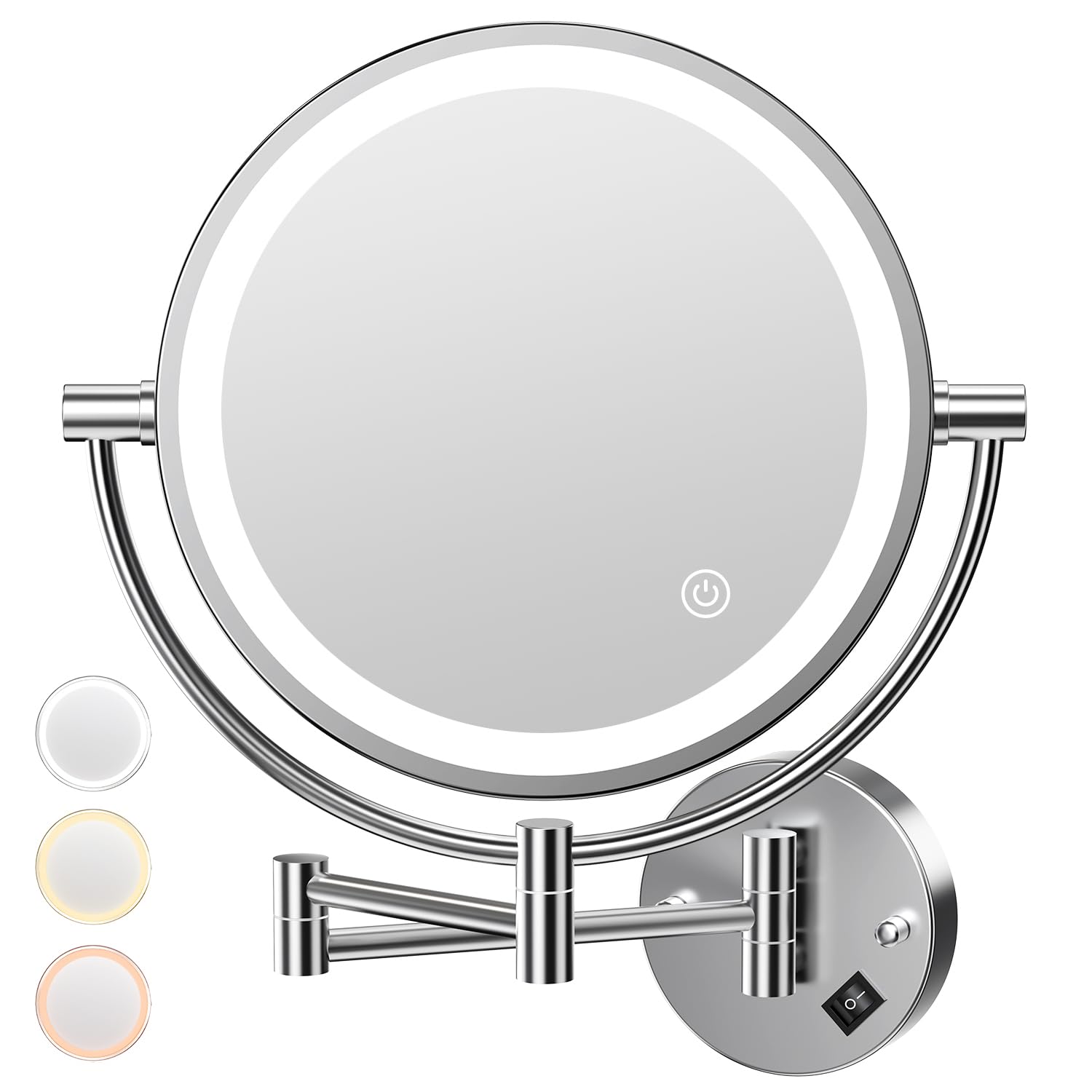 Auxmir Espejo Maquillaje con Luz Pared, 1X/20X Aumento Doble Cara Giratorio 360, Espejo Baño Extensible Táctil con Enchufe, 3 Colores Brillo Regulable, para Hotel, SPA, Plata