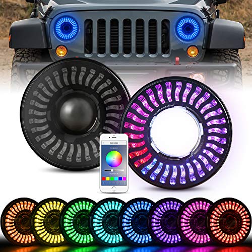 RGB LED Headlights for Wrangler, AAIWA 3D 7 Round Halo LED Headlight Flashing RGB Headlamp Bluetooth Controlled Compatible with 1997-2018 Jeep Wrangler JK TJ LJ, 2PCS