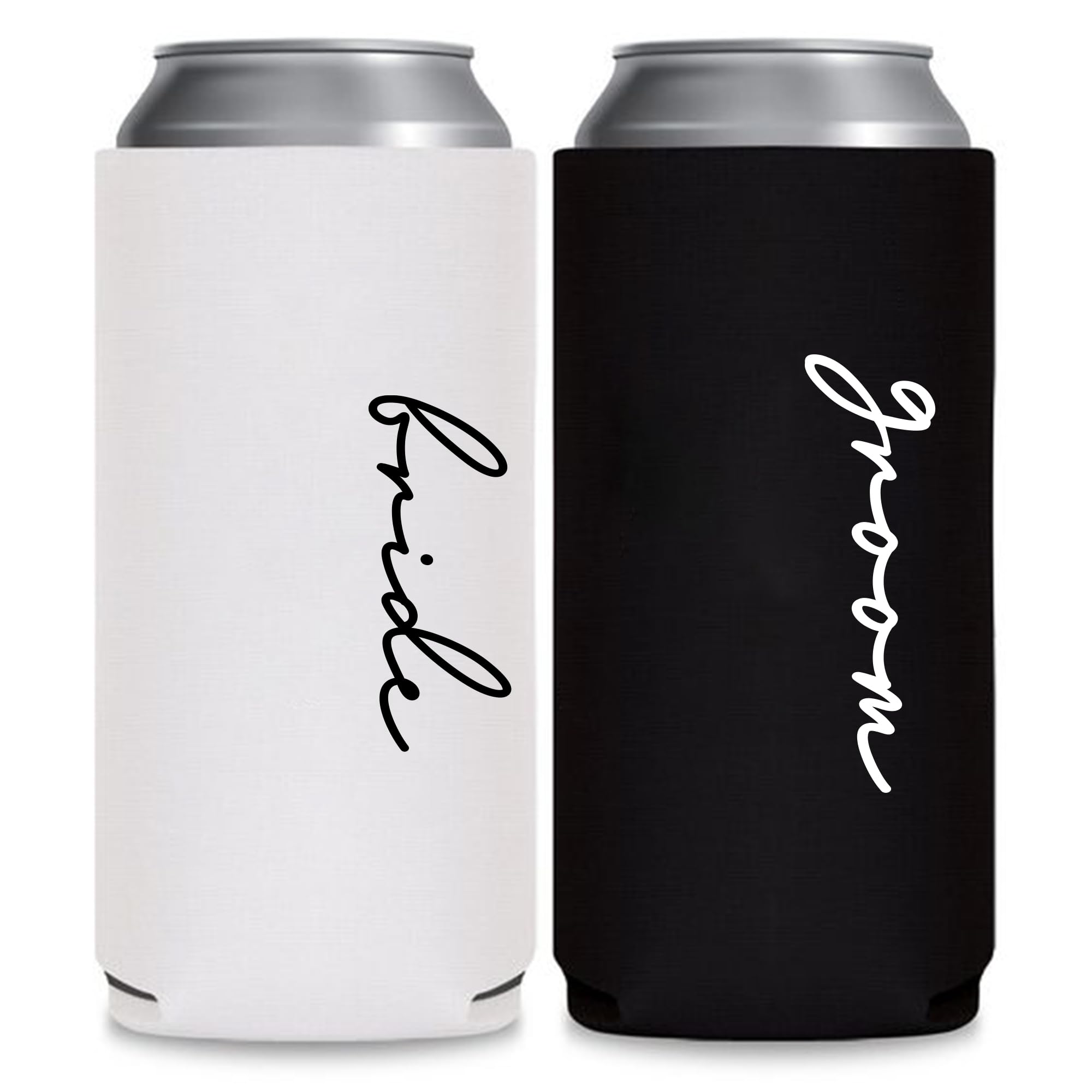 GroomBrideGifts Cute Wedding Gifts - Bride and Groom Novelty Slim Can Cooler - Engagement Gift for Couples.
