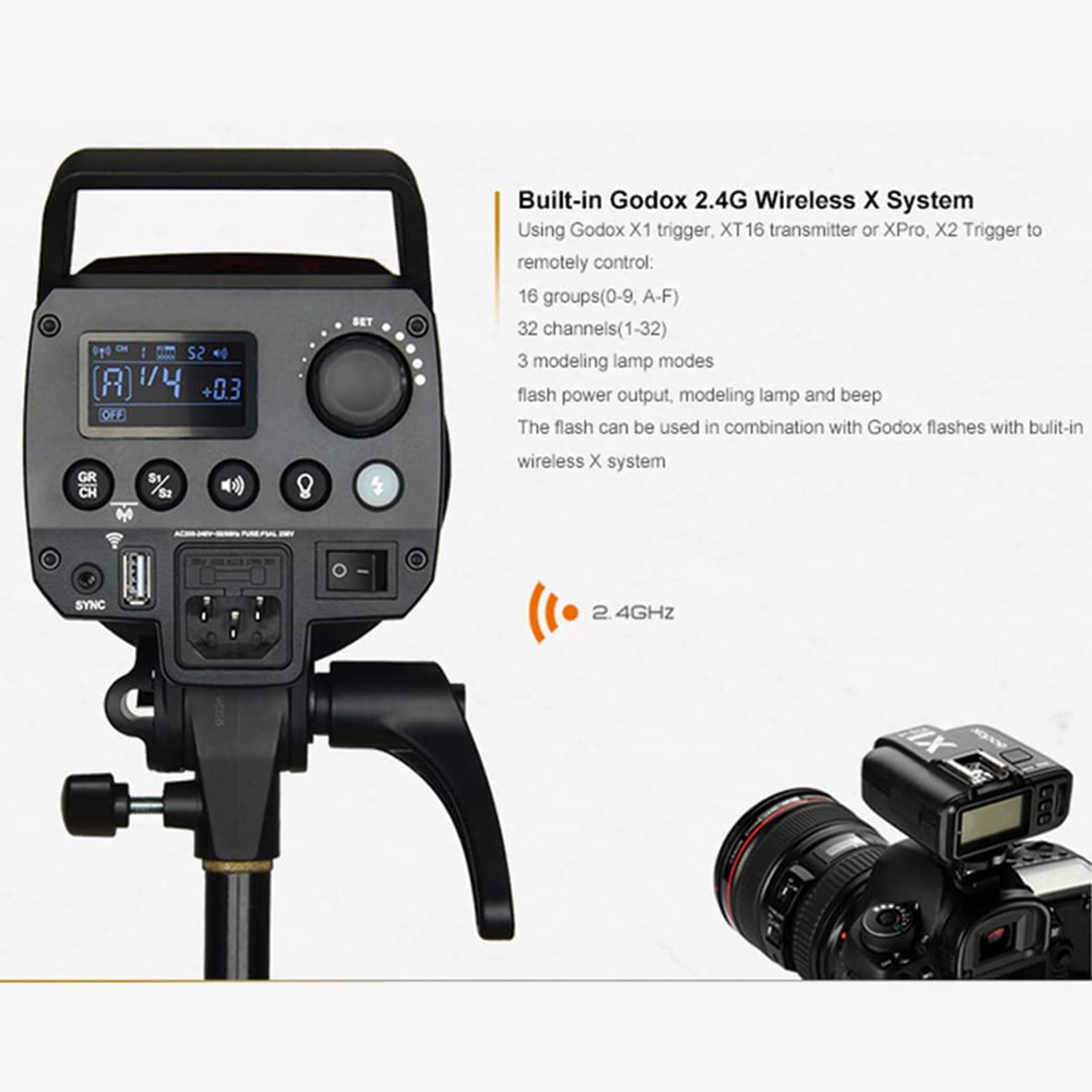 Godox MS300 Studio Strobe Flash 300Ws 220 V 2.4 G Wireless GN58 5600K Bowens Mount Monolight con lámpara de modelado de 150W, excelente potencia de salida, anti-Preflash, 0.1~1.8 S tiempo de reciclaje