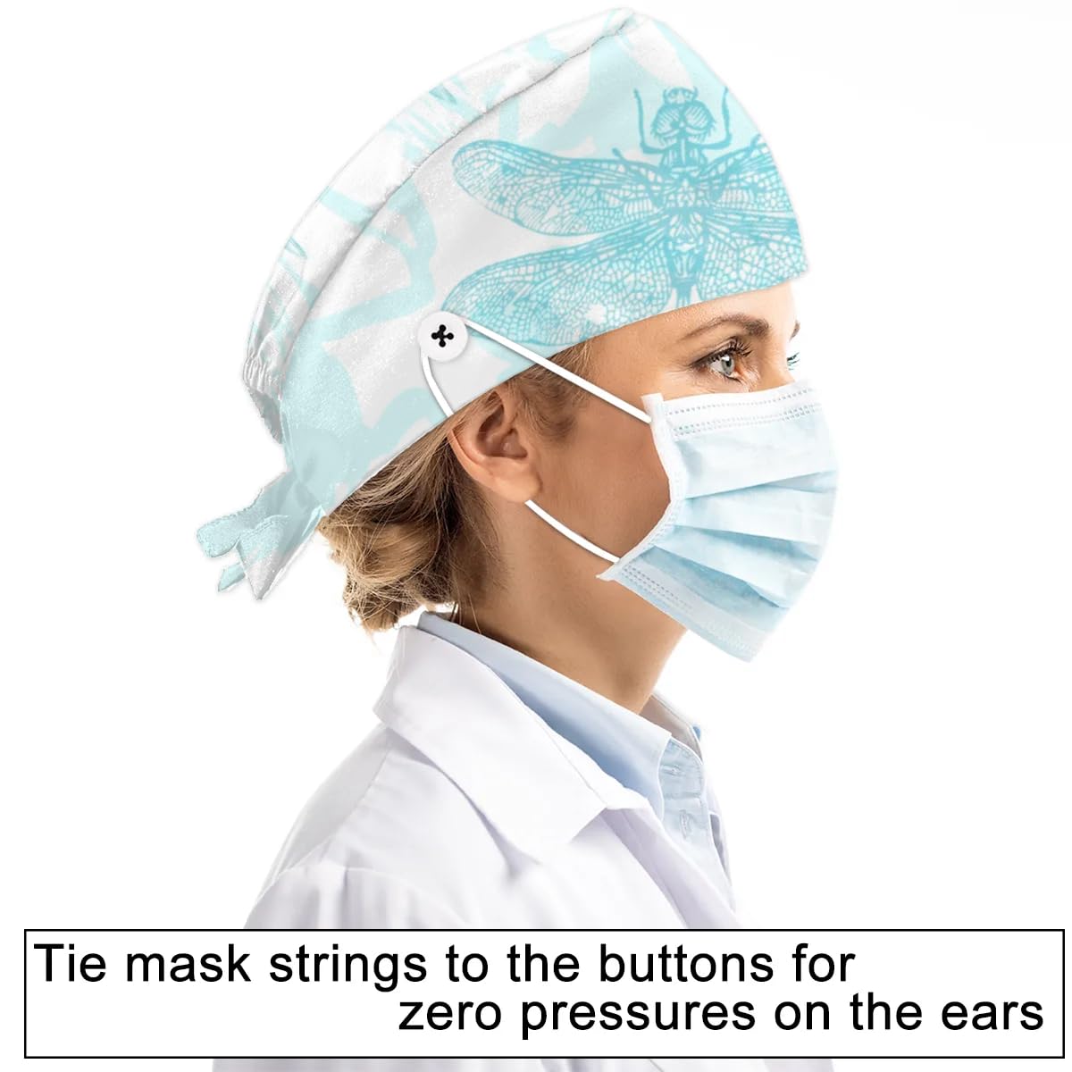 Mularoka Watercolor Flowers Dragonfly Working Caps with Button Sweatband Comfortable Adjustable Bouffant Hats Work Hat for Women Men