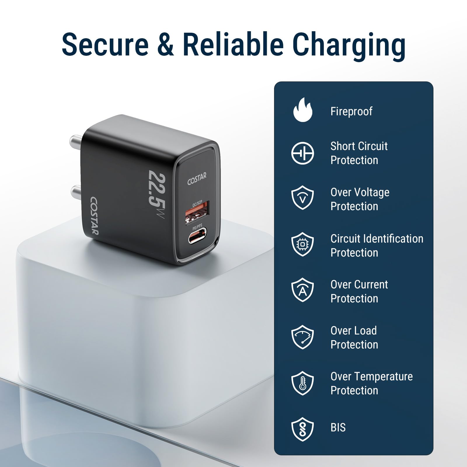 COSTAR Original 22.5W Dual Port Charger(USB & Type C), Fast Charger,Compatible with Samsung Galaxy S26, S25, S24, S23(Ultra/+/Fe, S/Z/A/M/F All Series), iPhone,Vivo,Oppo,Realme & Type-C Devices(Black) — Amazon image 6