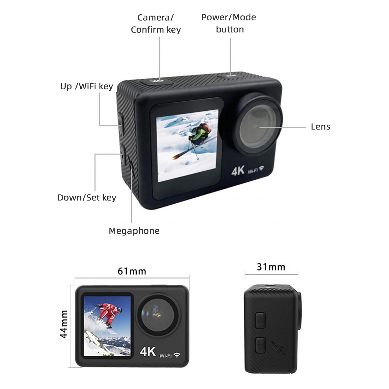 Action Camera 4K 24MP Telecamera Sportiva con Doppio Schermo WiFi Obiettivo Grandangolare 170° Kit di Accessori di Montaggio Impermeabile 30M per Immersioni, Surf, Sci e Ciclismo