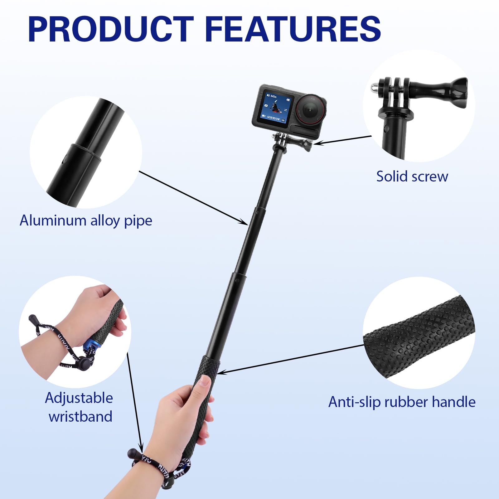 Stick per selfie GoPro, 36"/98 cm, impermeabile, allungabile per selfie stick 29-98 cm, asta monopiede in alluminio per GoPro Hero 8 9 10 11 12, per DJI Osmo Action, AKASO EK7000 (blu, 29 cm)