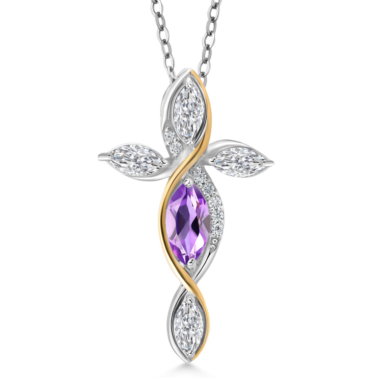 Purple Amethyst and Lab Grown Diamond Cross Necklace For Women In 925 Silver and 10K Yellow Gold | 1.13 Cttw | Jesus Christian Religious Crucifix | Marquise 8X4MM