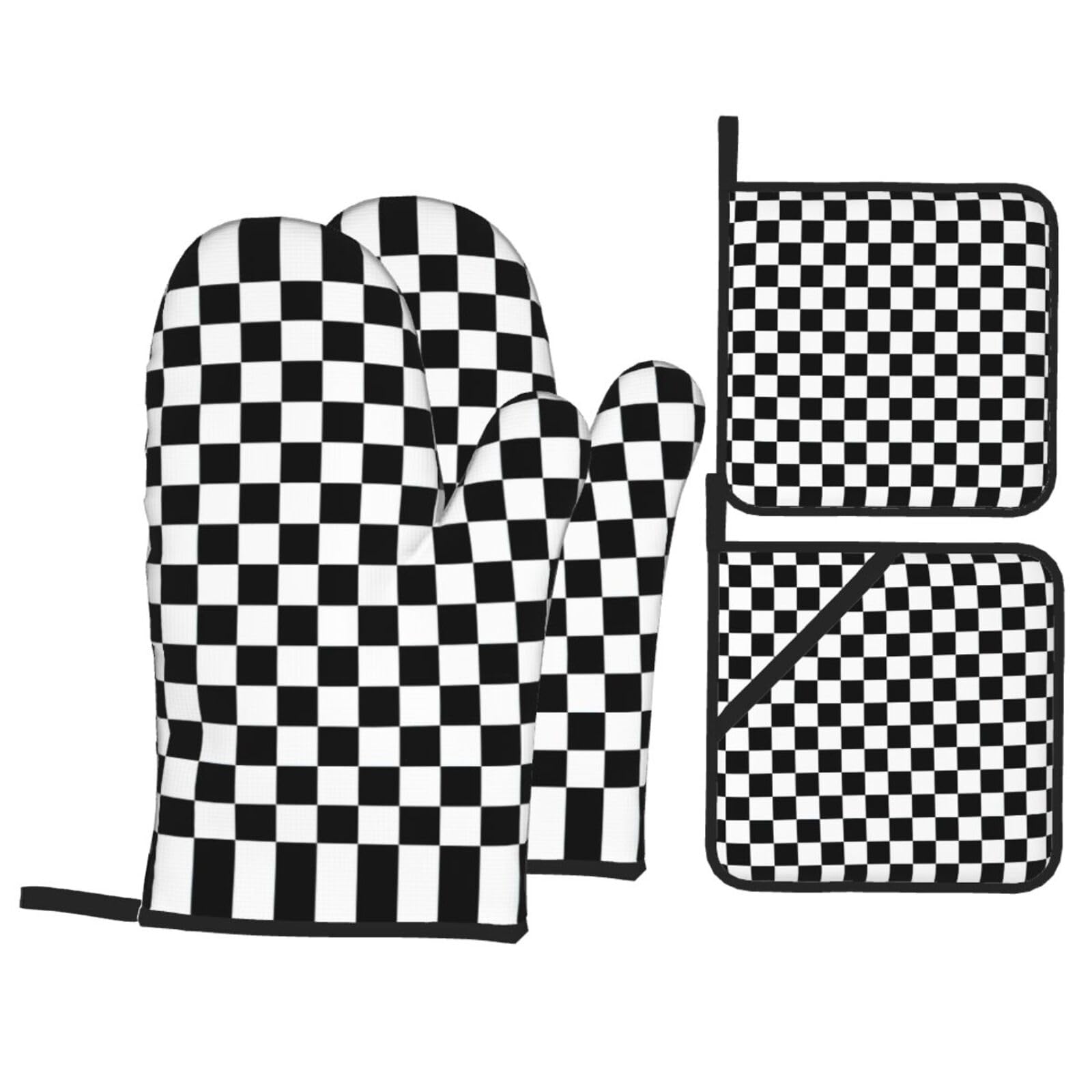 Black And White Checkered Stripes Heat Resistant Oven Mitts And Pot Holders Sets Of 4 Non Slip Lanyard Cooking Baking Bbq