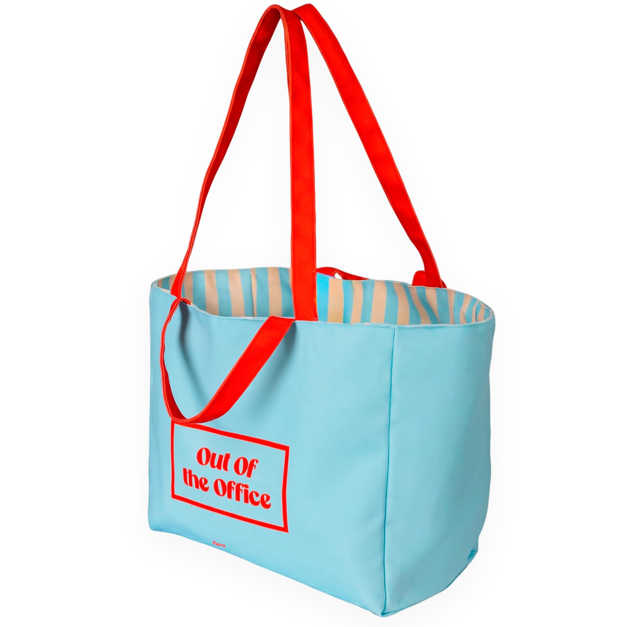 Fisura – Borsa mare “Out of the office”, tote bag donna XXL in cotone reversibile a righe blu, shopper grande per spiaggia, viaggio o spesa, 36 x 31,5 cm