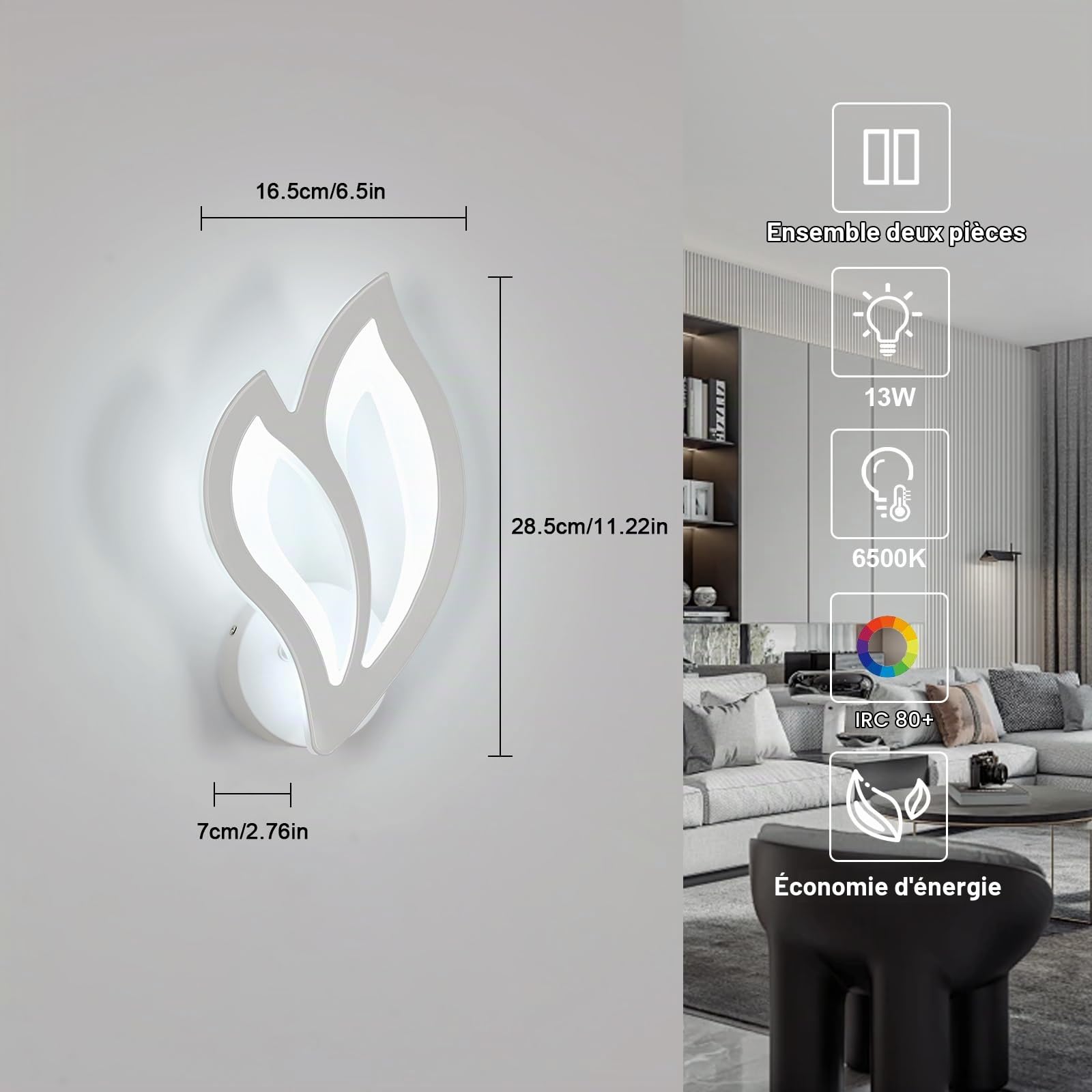 2 Pièce Applique Murale LED, 13W 6500K Lumière Blanche Froide