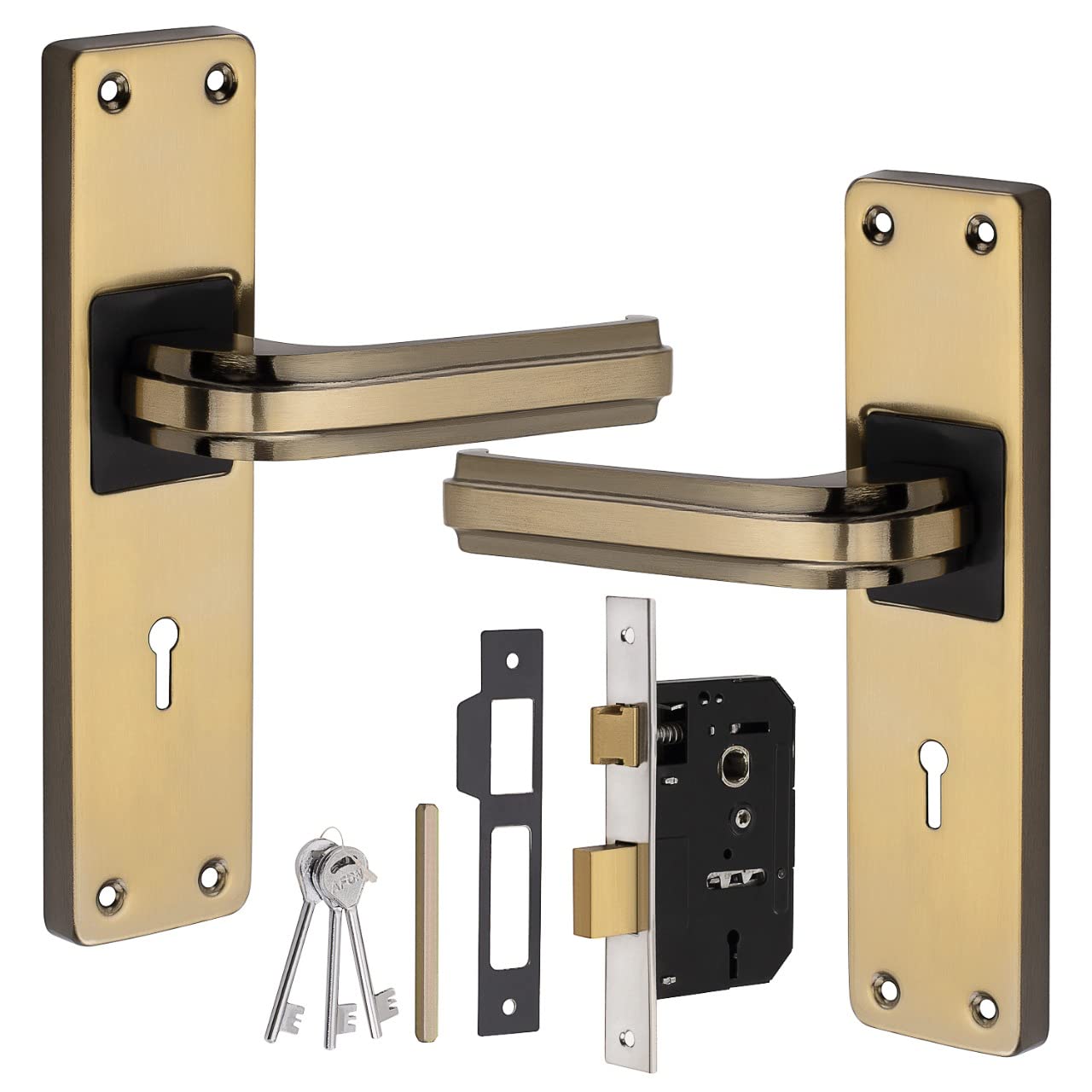 AFON 8 inches Mortise Iron Handle Set with Lock Body | Black Gold Finish | 3 Keys | 6 Lever 65 mm Double Turn Lock Set for Door, (PC341-KY-BG) (B0BB5TK1VY) Amazon Price History, Amazon Price Tracker