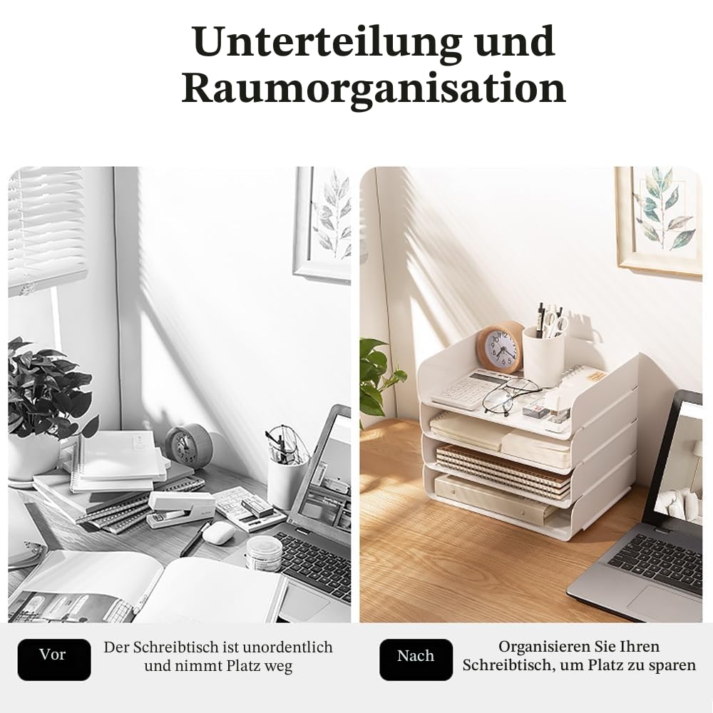 4-stufige stapelbare A4-Aktenablage, Briefablagen-Organizer, Schreibtisch-Ordnungshelfer, Dokumentenhalter, A4-Papiersortierer für Büro, Schule (horizontal, weiß)