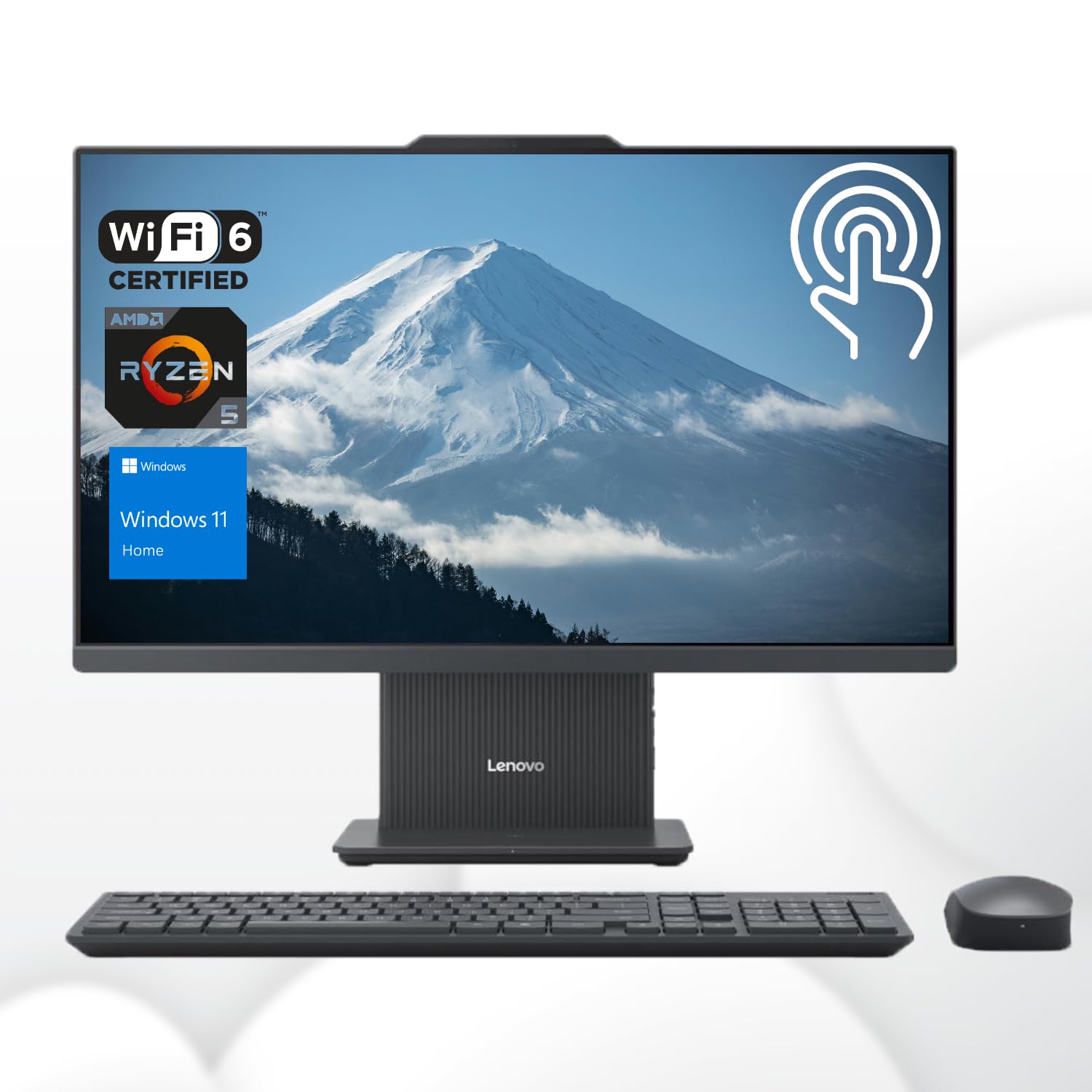 Lenovo2024 IdeaCentre 27" All-in-One, FHD 100Hz Touchscreen, AMD Ryzen 5 7535HS, 16GB DDR5 RAM, 512GB SSD, Wireless KB & Mouse, Wireless Charging Base, RJ-45, Wi-Fi 6, Webcam, W11H, Grey