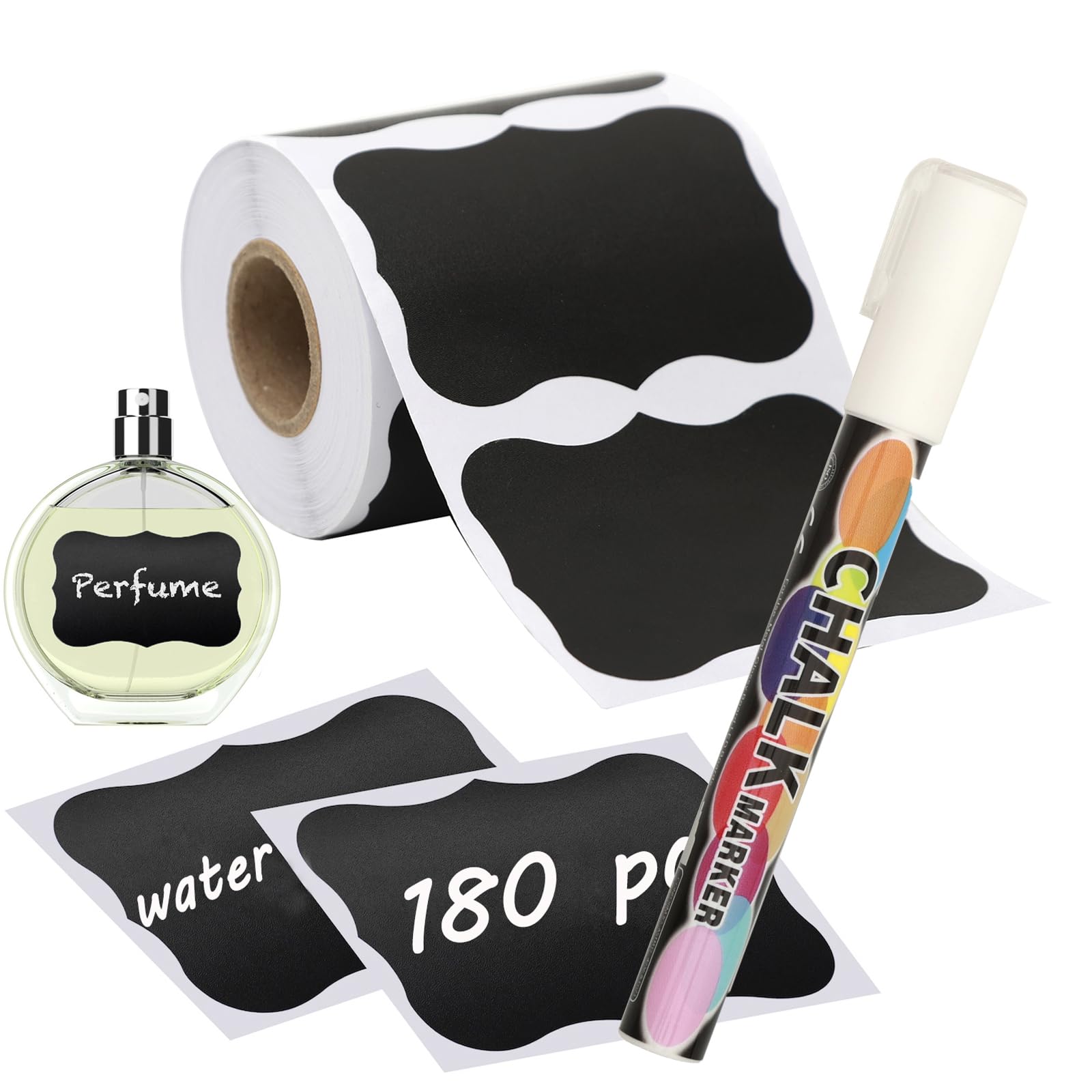 NANXJIUR 180 Pcs Chalkboard Labels, Reusable Blackboard Stickers with 1 Liquid Chalk Marker