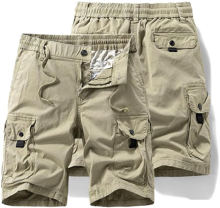 Men's Summer Solid Color Cotton Cargo Straight Shorts Outdoor Leisure Elastic Waist