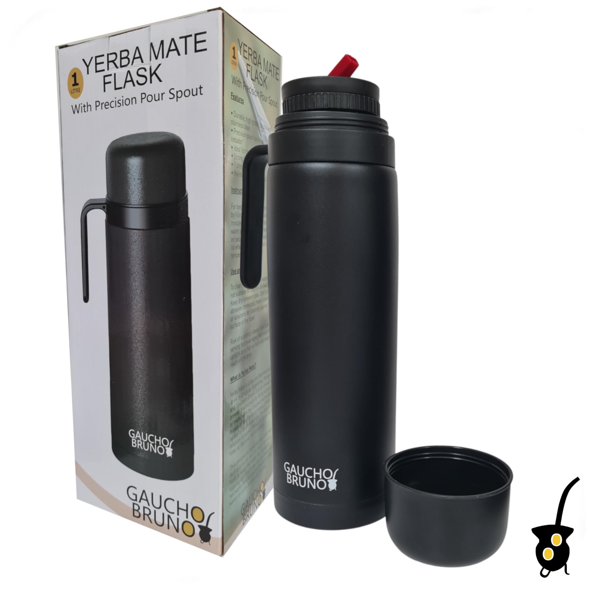 Gaucho Bruno Yerba Mate Flask – Contenitore termico con beccuccio di precisione, maniglia e coperchio a vite – Acciaio inossidabile rivestito Nero – 1L Personalizzabile