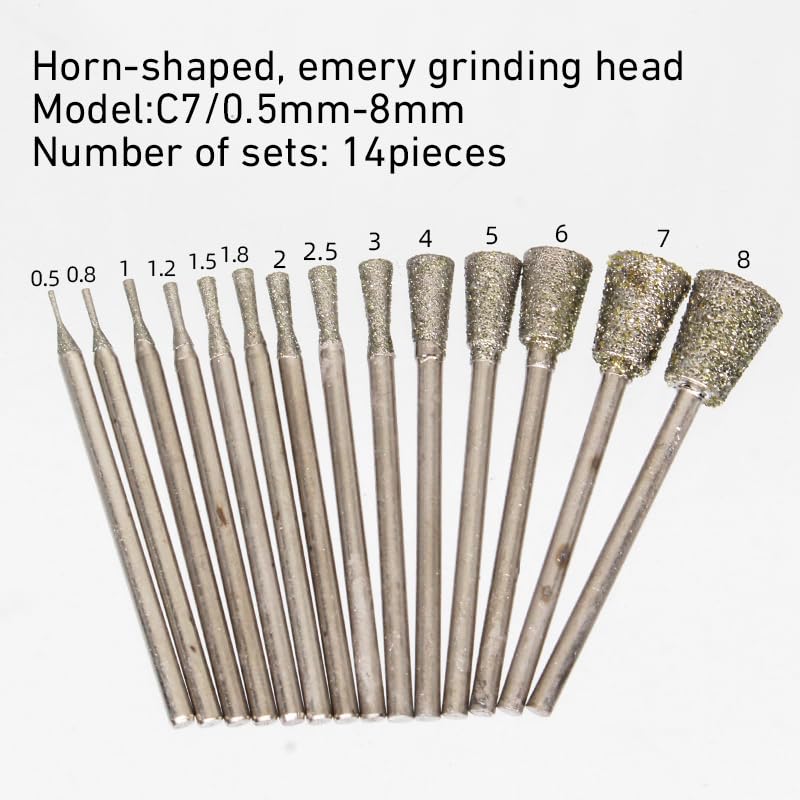 C7:C7 0.5-8 (14zhi) 14 Pieces Flared Shape Sanding Wand Carving Grinder Diamond Sanding Tool for Sharp, Good Use Diamond Drill Bit - 3/32 Inch Shank, Stone Engraving Tool for Electric Rotary Tool