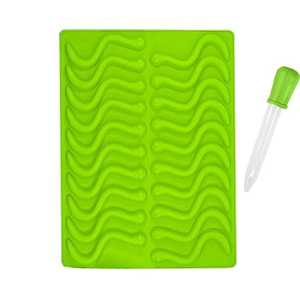 Mydio 20 Cavity Gummy Worm Silicone Molds with 1 Dropper,BPA Free,for DIY Candy,Cake Decor, Halloween Gummi Chocolate,Jelly Chocolate Soap Cake Wax (Green)